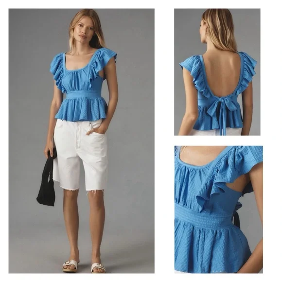 ANTHROPOLOGIE Maeve Boho Ruffled Peplum Open-Back Cottage Top XL - Picture 5 of 6